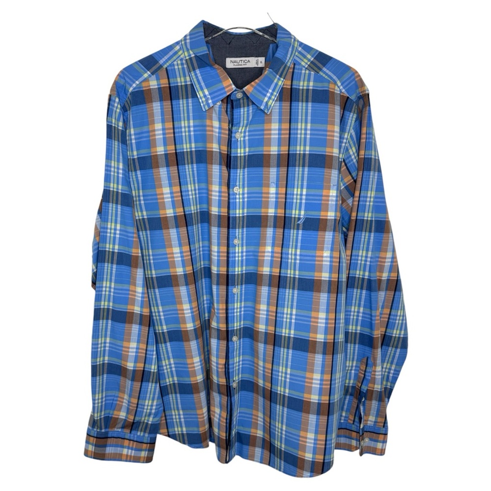 Nautica Men's Classic Fit Button Down Shirt Blue & Orange Plaid Size XL